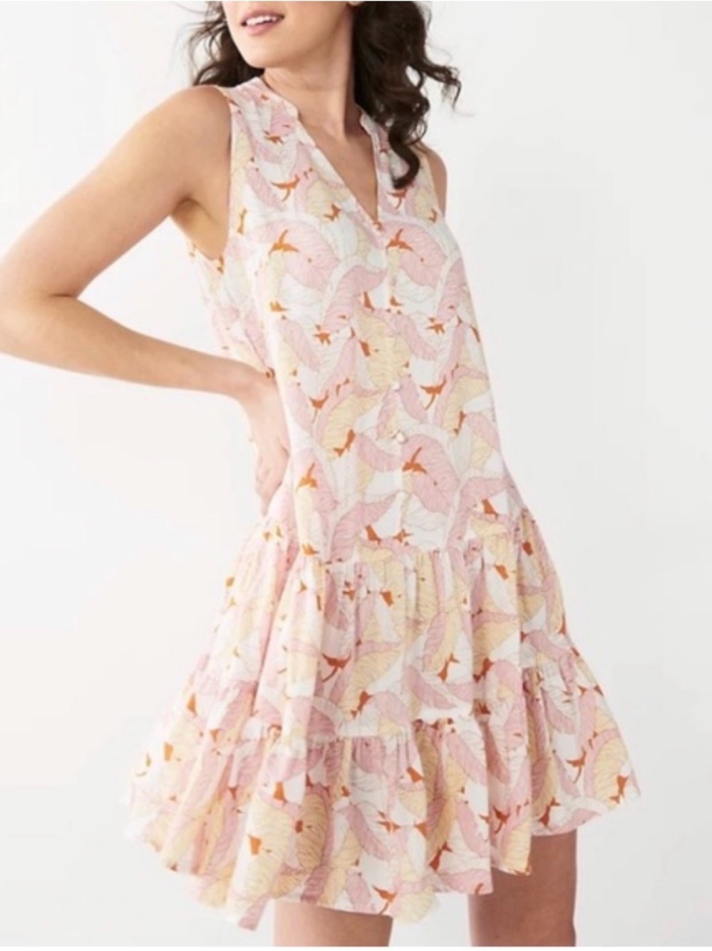 Nine West Banana Leaf Print Sleeveless Tiered Mini Dress Size Small Pink Boho